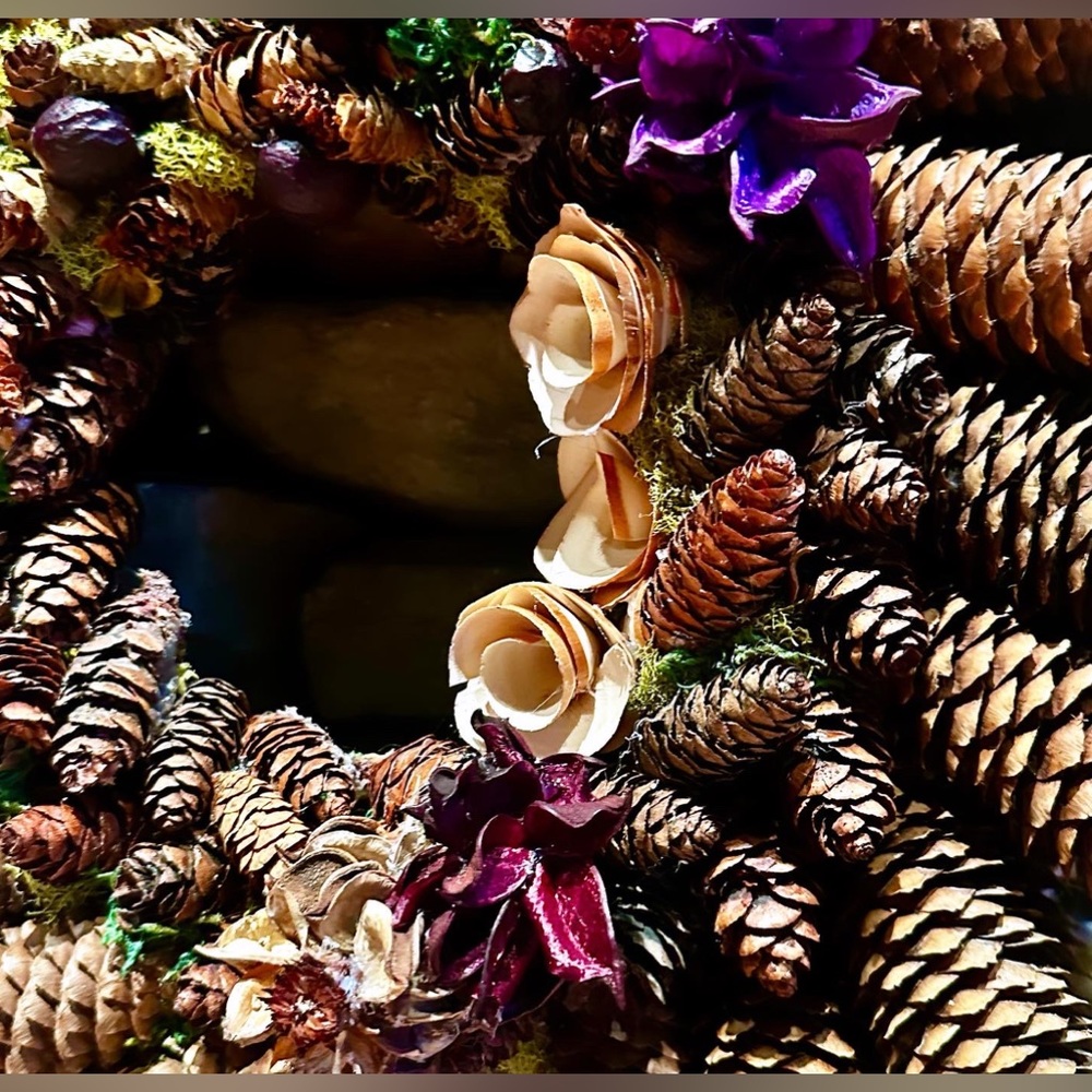 HANDMADE, ORIGINAL, NATURAL PINECONE WREATH WITH WOOD CURL ROSES BY GREEDY VINES